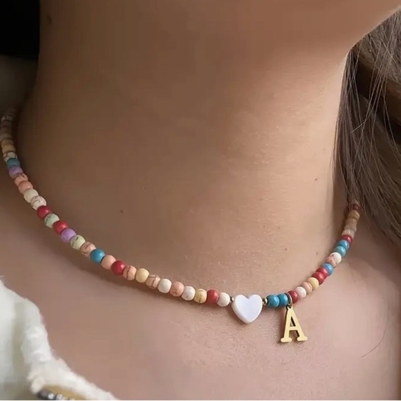 Letter “A” + Heart on Mixed Colour Beaded Necklace - Picture 1 of 2